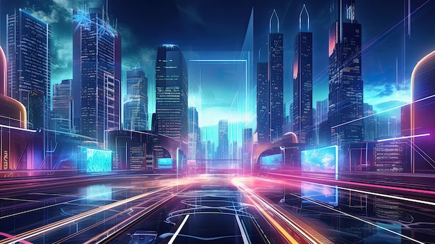 Futuristisches Stadtbild von Metaverse mit fortschrittlichen virtuellen Transportmitteln und Vernetzung