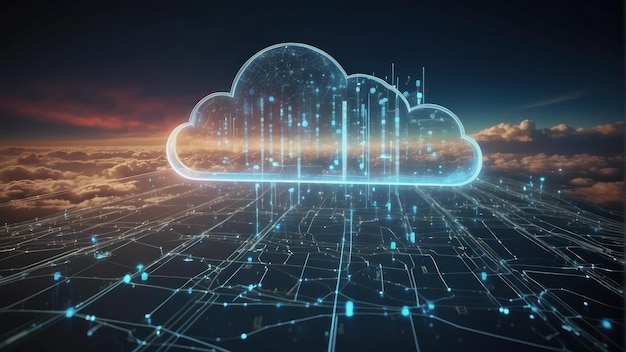 Foto futuristisches stadtnetzwerkkonzept mit glühendem cloud-computing-symbol