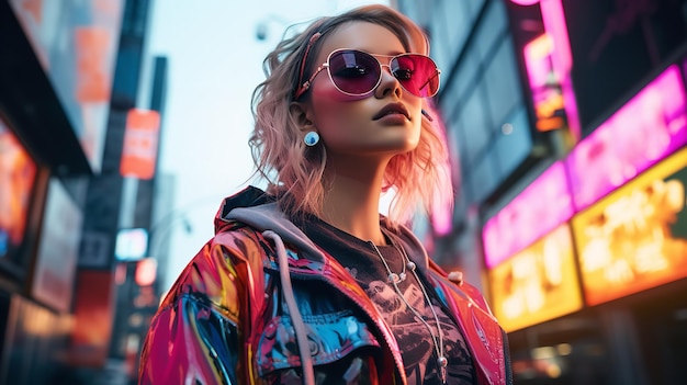 Foto futuristisches straßenbild mit neonfarben und cyberpunk-vibe in einem abstrakten digitalen stadtbild generative ki