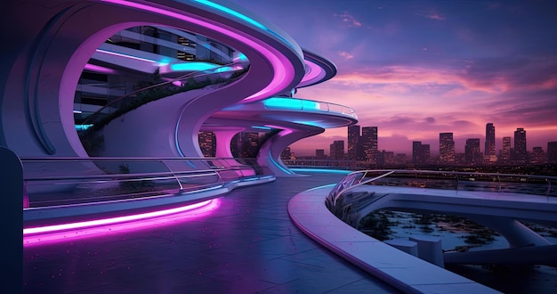 Foto futuristisches und komplexes design des modernen gebäudes im stil von hellem magenta und dunklem cyan