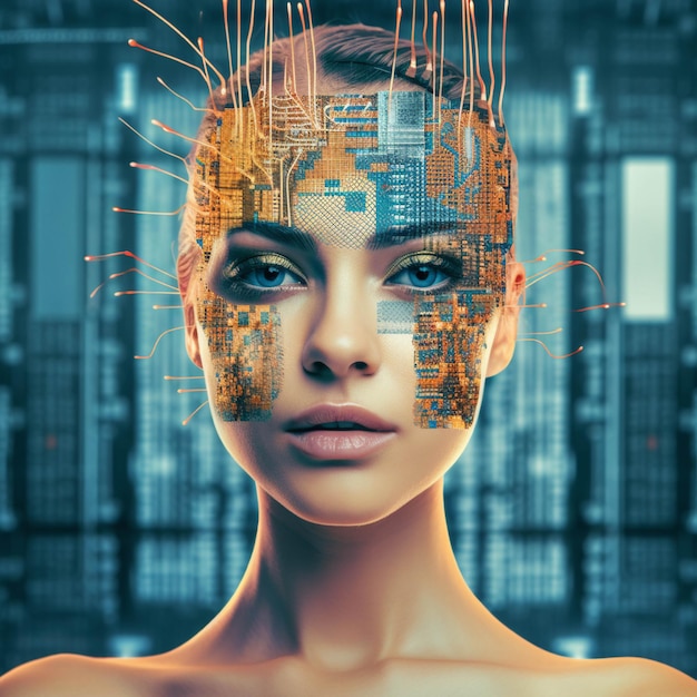 Futuristisches weibliches Gesicht mit digitaler Schaltung, getöntes 3D-Rendering-Bild