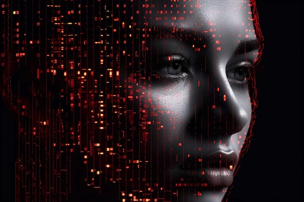 Futuristisches weibliches Gesicht mit roter Binärcode-3D-Darstellung