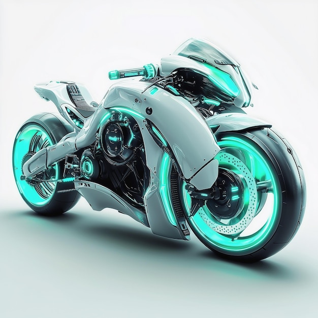Futuristisches weißes Motorrad, das mit cyanfarbenen Akzenten auf einem sauberen Hintergrund leuchtet