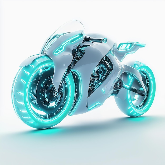 Futuristisches weißes Motorrad, das mit cyanfarbenen Akzenten auf einem sauberen Hintergrund leuchtet