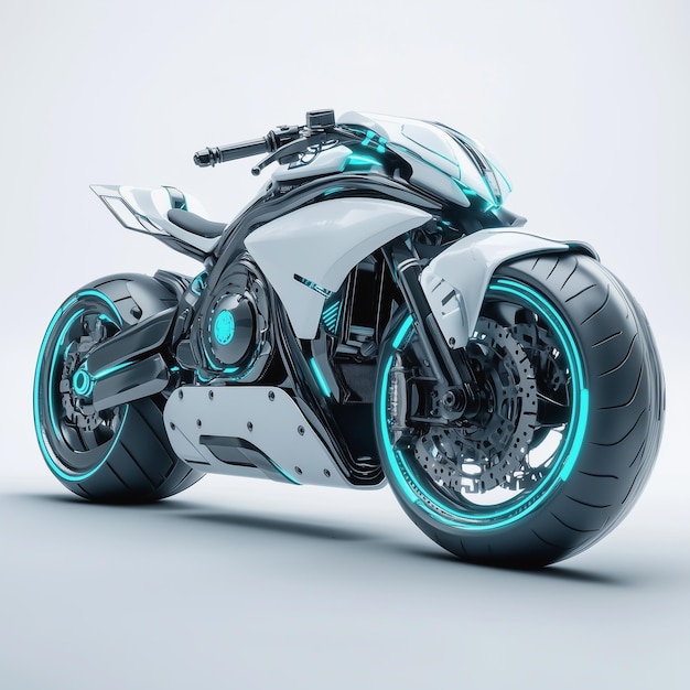 Futuristisches weißes Motorrad, das mit cyanfarbenen Akzenten auf einem sauberen Hintergrund leuchtet