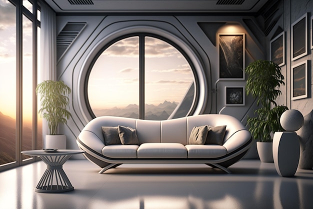 Futuristisches Wohnzimmer mit futuristischem Sofa und Möbeln Generative ai Illustration
