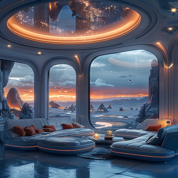 Futuristisches Wohnzimmer mit schlauen Möbeln und Panoramabüchern, die eine Weltraumkolonie zeigen