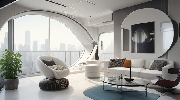 Futuristisches Wohnzimmer, modernes Interieur, generativ axial
