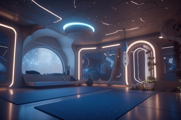 Futuristisches Yogastudio an Bord eines Raumschiffs