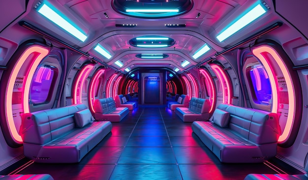 Futuristisches Zuginterieur mit Neonbeleuchtung und modernem Design