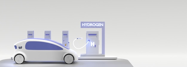 Futuro automóvil en la estación de servicio de hidrógeno H2 con cable brillante Servicio de reabastecimiento de combustible para vehículos de celdas de combustible Fcv transporte ecológico limpio con cero emisiones automático con batería de energía y motor híbrido 3d renderizado