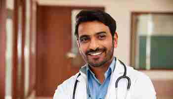 Foto futuro brilhante à frente retrato de um feliz estudante indiano de medicina no programa mbbs