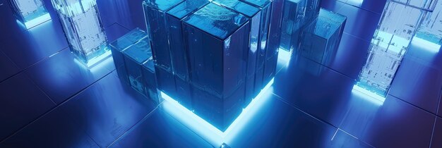 Foto el futuro centro de datos del cubo azul brillante