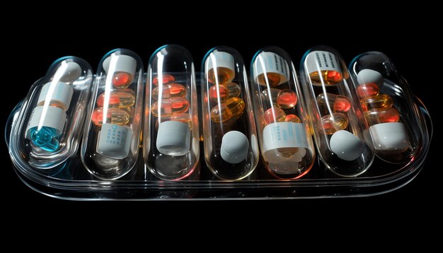 En un futuro cercano, las personas son alimentadas con píldoras futuristas para sobrevivir. Representación hiperrealista.