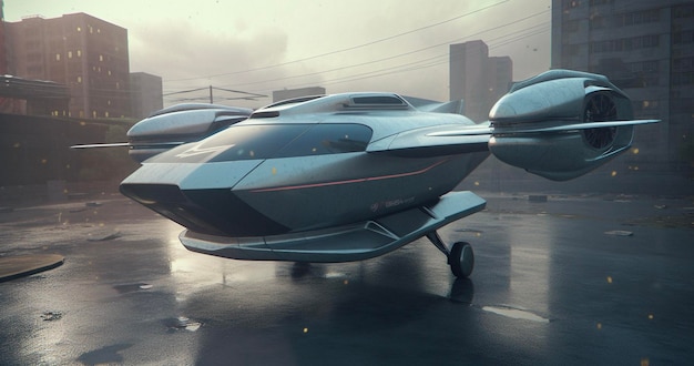 Futuro de ciencia ficción y vuelo con avión en la ciudad para lujo eléctrico y diseño de aviones futuristas