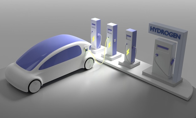 Futuro coche eléctrico en la estación de carga con cable enchufable por la noche Servicio de reabastecimiento de combustible para vehículos de pila de combustible o gas hidrógeno Transporte ecológico sin emisiones con batería de energía 3d render