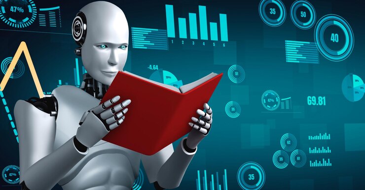 Foto el futuro control de la tecnología financiera por parte del robot huminoide de ia utiliza el aprendizaje automático
