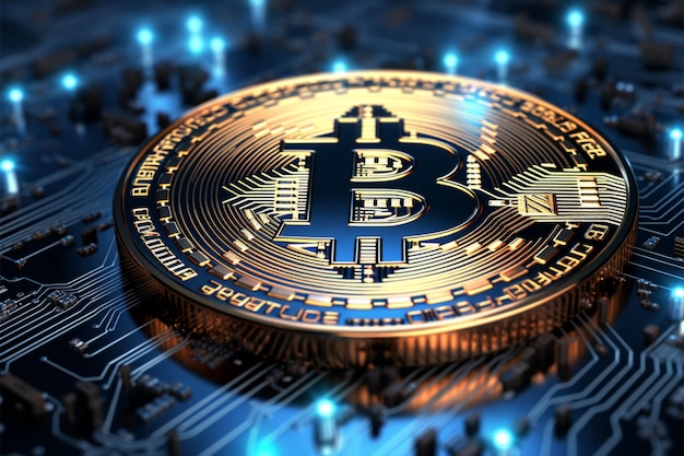 El futuro de Cryptocurrencys 3D representa Bitcoin y blockchain contra un fondo azul