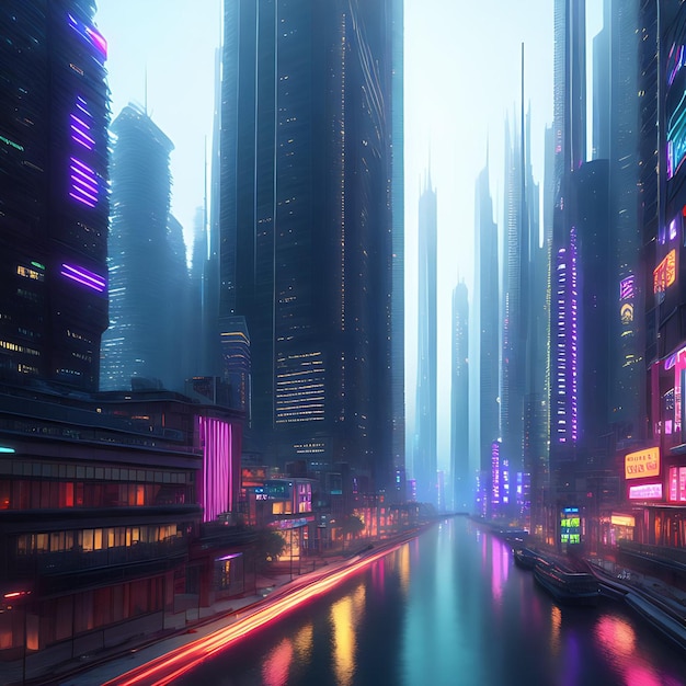 Futuro Distante Ilustração Fotorrealista 3D de Cidade Distópica Neonlit