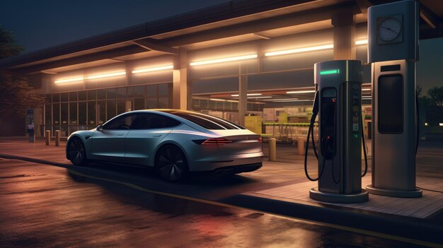 futuro do transporte com a nossa imagem um carro elétrico graciosamente carregando sua bateria um símbolo de inovação de sustentabilidade e energia limpa revolucionando as estradas