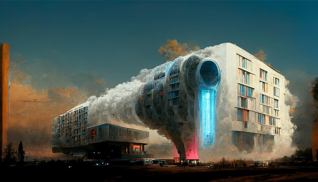 Futuro edificio cubierto de nubes de fantasía.