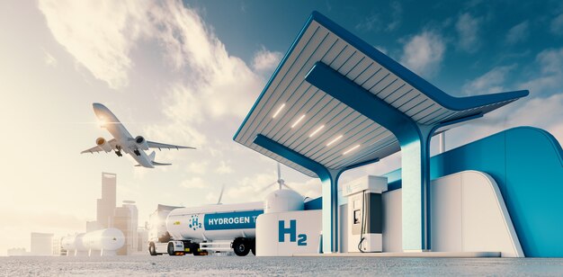 Futuro de la energía del hidrógeno Gasolinera de hidrógeno con chorro de camión y renderizado 3d de la ciudad