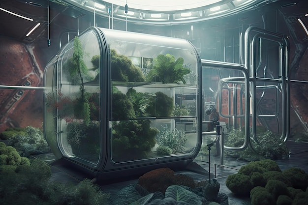 El futuro de la habitación espacial en un ecosistema autosuficiente con plantas y animales