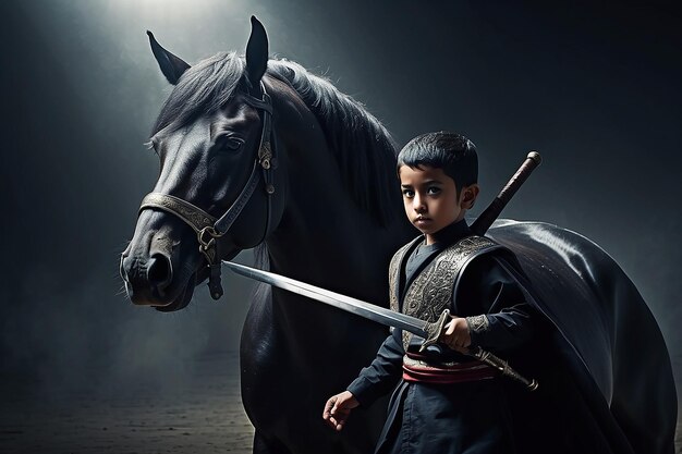 Foto futuro lutador muçulmano na terceira guerra mundial o guerreiro com cavalo e espada efeito escuro