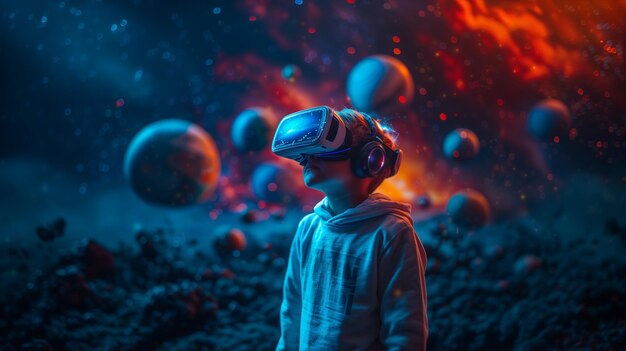 El futuro niño científico se involucra con el sistema solar usando gafas de realidad virtual