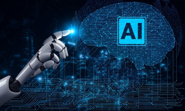 Futuro robô de inteligência artificial e ciborgue.