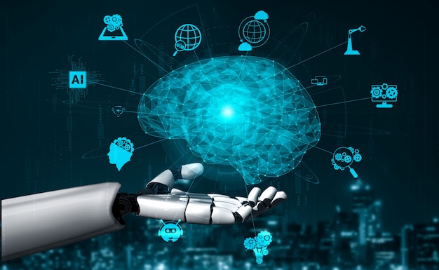Futuro robô de inteligência artificial e ciborgue