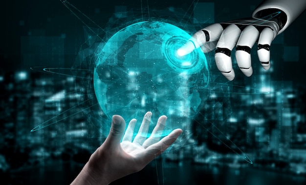 Futuro robô de inteligência artificial e mão humana