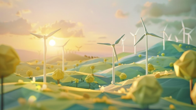 Futuro sostenible El parque eólico Paisaje puesta de sol sobre las colinas turbinas del cielo dorado girando constantemente que representan un equilibrio armonioso entre la innovación energética y la preservación del medio ambiente