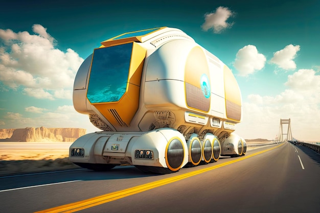 Futuro transporte de carga viajando a lo largo de la carretera generativa autónoma ai