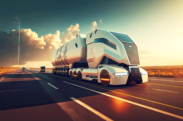 Foto futuro transporte de carga viajando ao longo da rodovia generativa autônoma ai