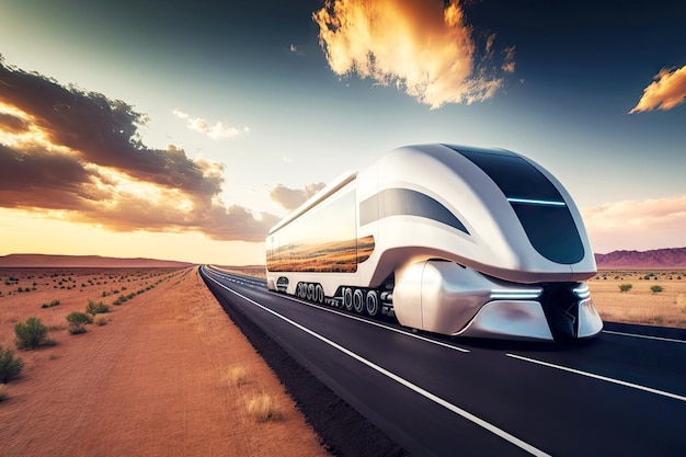 Futuro transporte de carga viajando ao longo da rodovia generativa autônoma ai