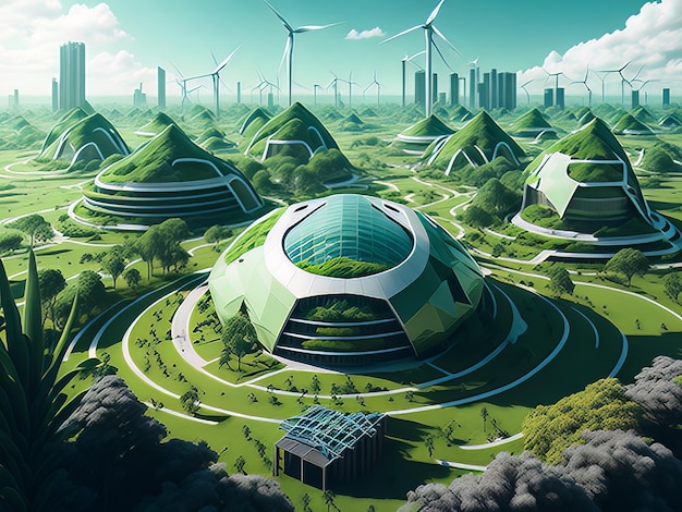 Un futuro utópico donde las fuentes de energía renovables alimentan un mundo sostenible con paisajes verdes exuberantes