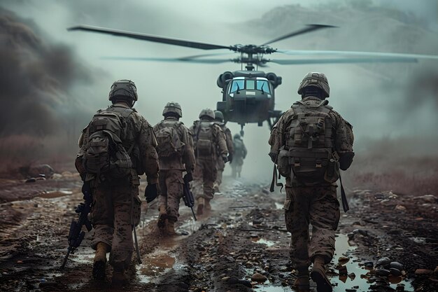 Fuzileiros navais em camuflagem a caminho do helicóptero para a Missão Internacional de Manutenção da Paz Conceito de Camuflagem Militar Helicóptero Fuzileiro Internacional de Missão de Mantenimento da Paz