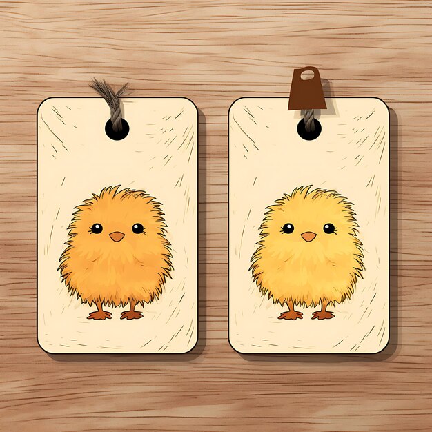 Foto fuzzy chick tag card natural jute handdrawn look yellow und 2d vector design collection card flat