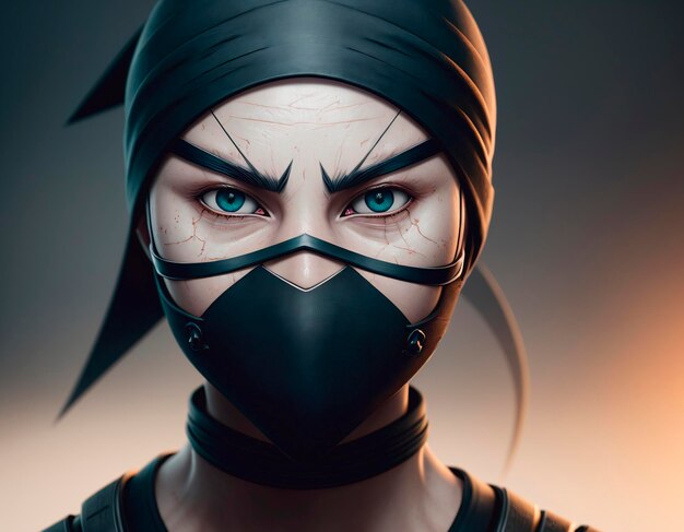 Foto fwmale ninja com uma máscara preta no rosto cobrindo o rosto generative ai