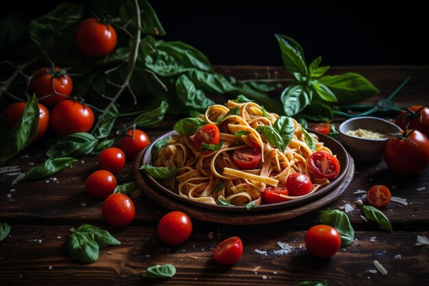 Gabel mit verdrehter Fettuccine-Pasta und Tomaten und Basilikum auf einem rustikalen Tisch