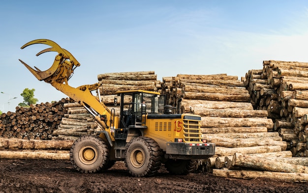 Gabelstapler ergreift Holz in einer Holzverarbeitungsanlage