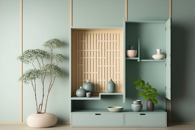 Gabinete de caja de pared Estantes de estilo japonés en la sala de estar Una alfombra de tatami Una lámpara para decorar y plantas en el área de menta zen