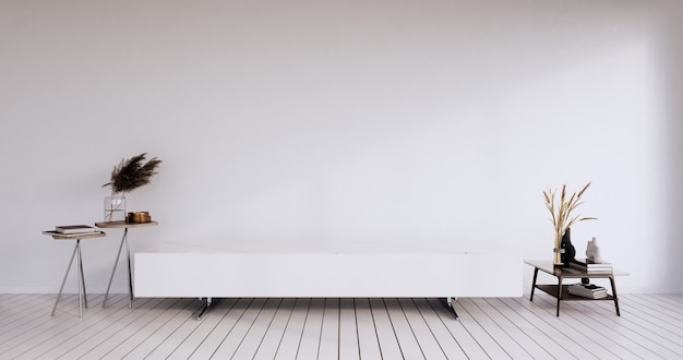 Gabinete de madeira com design japonês no fundo minimalista da parede vazia da sala de estar. Renderização 3D