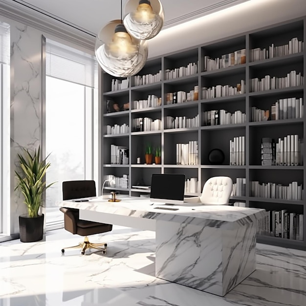 Gabinete elegante interior de oficina en casa de lujo en apartamento brutal ultramoderno en colores oscuros