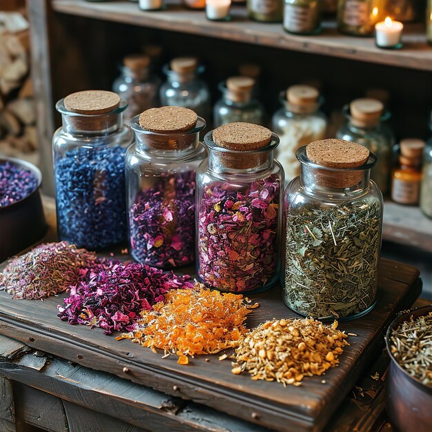 Foto gabinete de farmacia de hierbas medicinales y productos botánicos