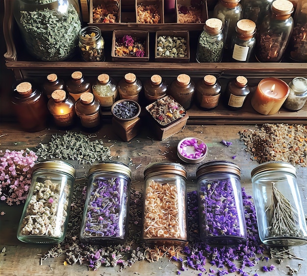 Foto gabinete de farmacia de hierbas medicinales y productos botánicos