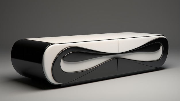 Gabinete futurista em preto e branco com contornos curvos