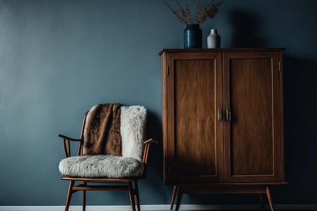 Gabinete de madera vintage de Escandinavia con una silla al lado de una pared azul profundo