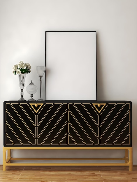 Gabinete de oro negro de lujo con marco en blanco 3d ilustración 3d render